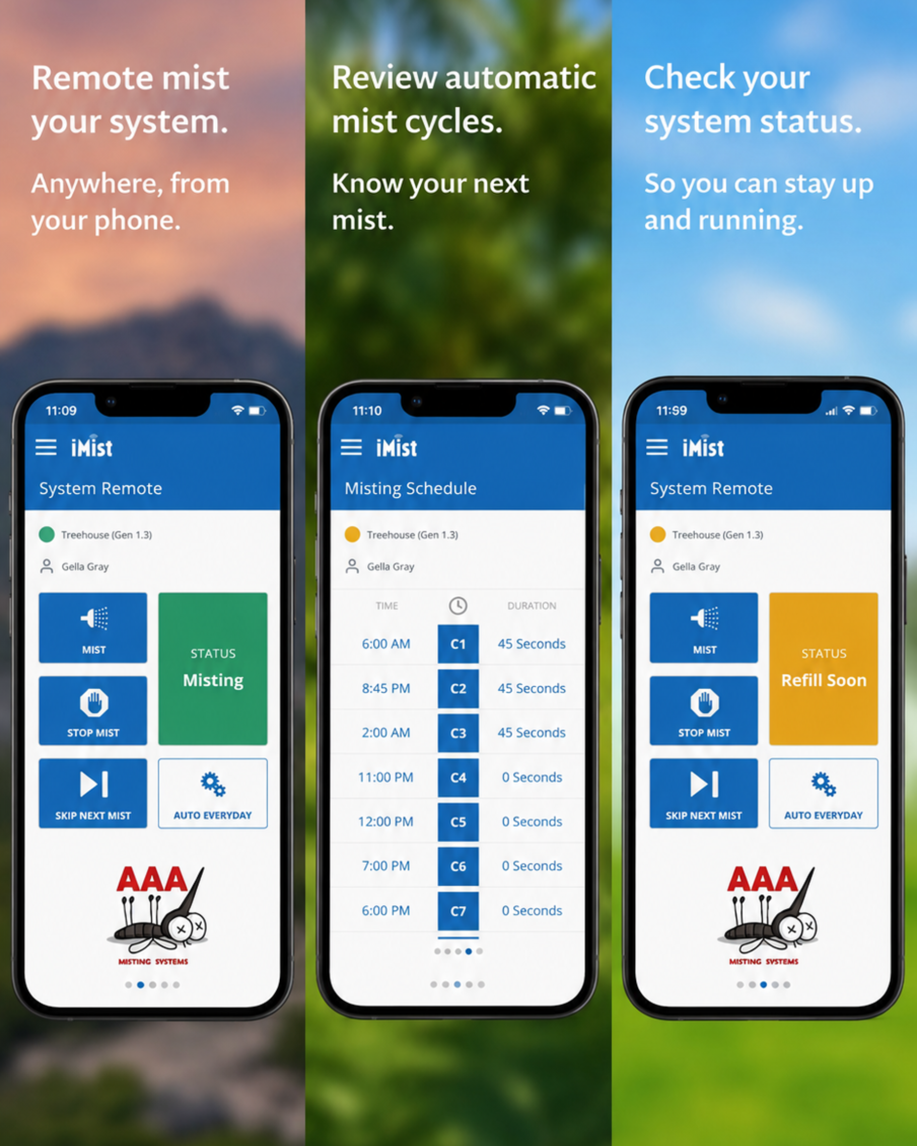 iMist app showing remote misting, schedule, and system status screens